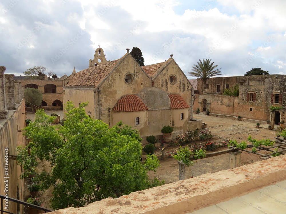 The church and the courtyard of the famous ancient Arkadi Monastery, Crete, Greece