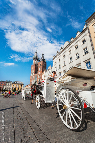 Church of St. Mary in the main Market Square and beautiful horse in the foreground. Basilica Mariacka. Krakow. Poland.