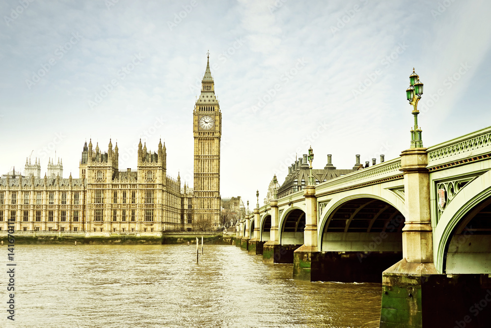 View of the Houses of Parliament and Westminster Bridge in London.
