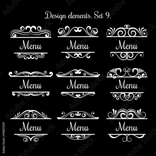 Swirl menu text labels. Vector flourish vintage decoration calligraphic design elements for restaurants