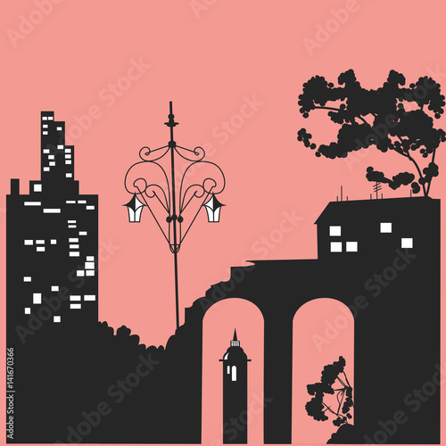 Black silhouettes of houses and trees. Vector illustration.