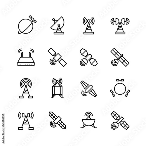 Space orbit communication satellite, global navigation vector line icons