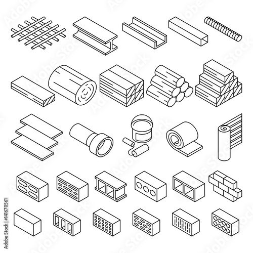 Building construction materials for repair isometric vector icons