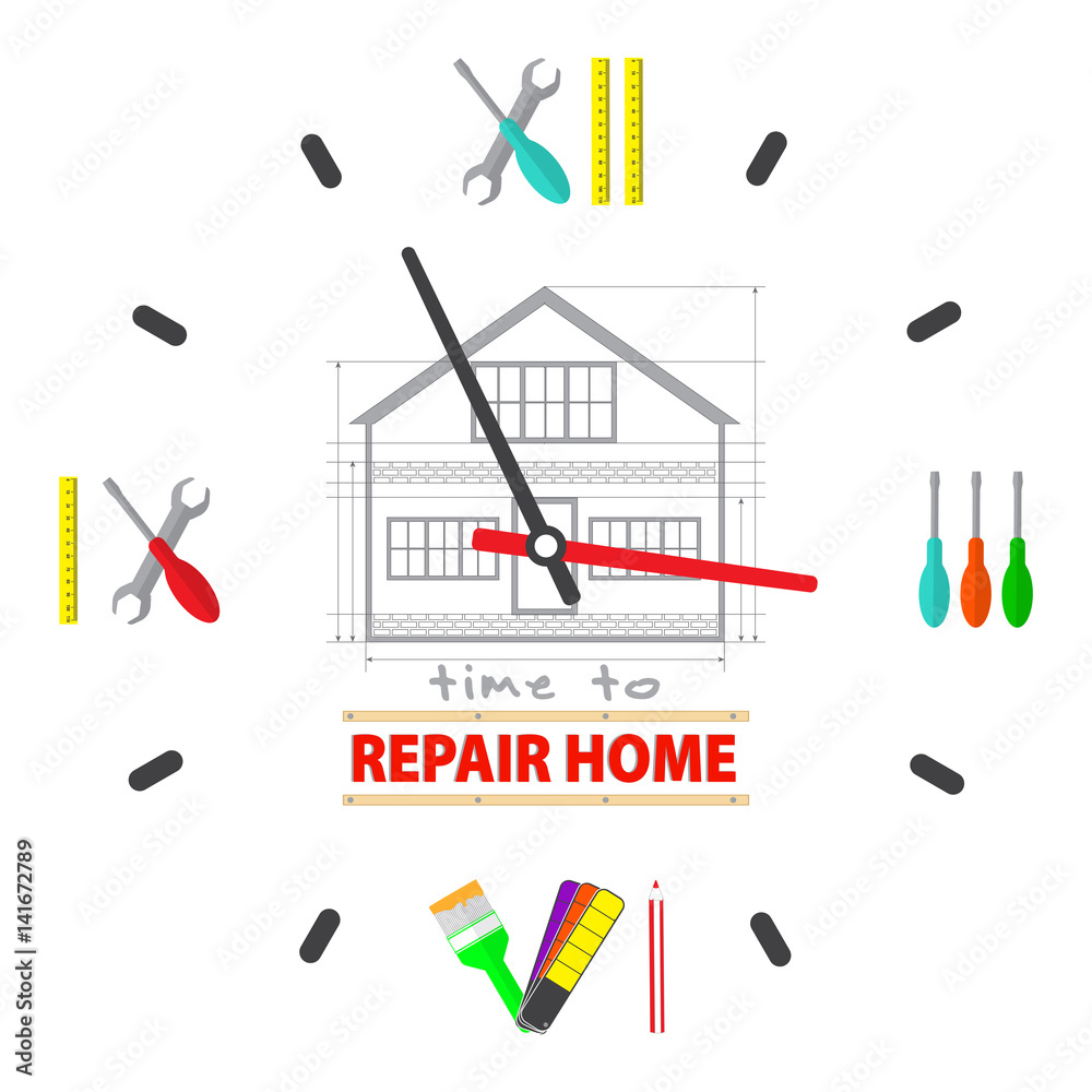 Time to repair home concept. Watch dial is a tools for repairing. Professional  remodel services logo. Stock vector. Flat design.