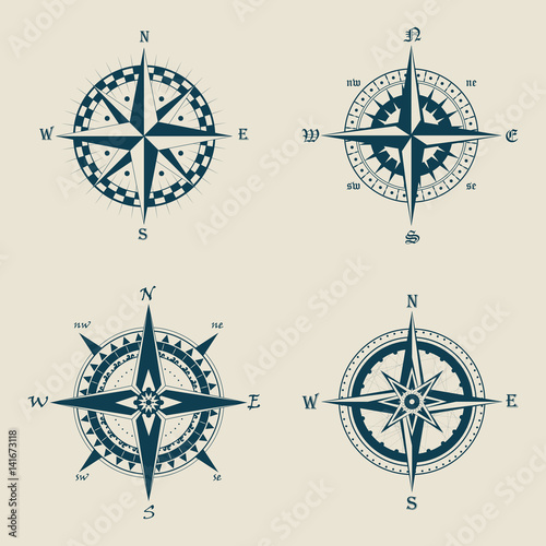 Old or retro compass or vintage wind roses