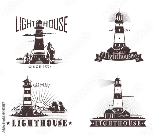 Sketches of lighthouse with lamp on mountain