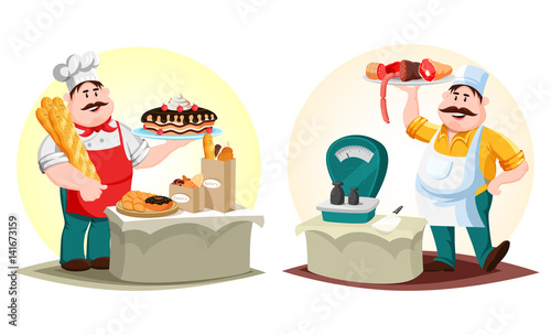 Butcher with meat and baker with bun and bread