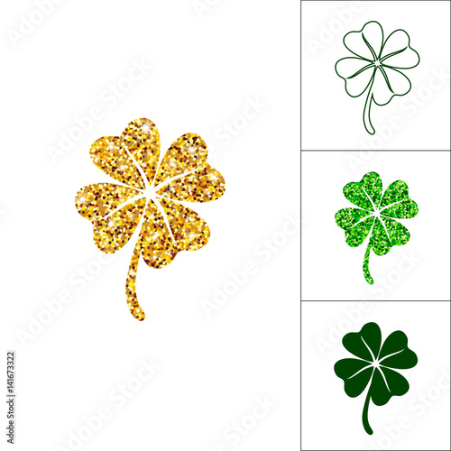 Set of four leaved clover for saint Patricks day greeting with golden glitter, silhouette, line and greenery shamrock. Vector lucky bundle isolated on white background.
