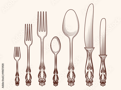 Hand drawn cutlery sketch vector illustration. Vintage kitchen objects design