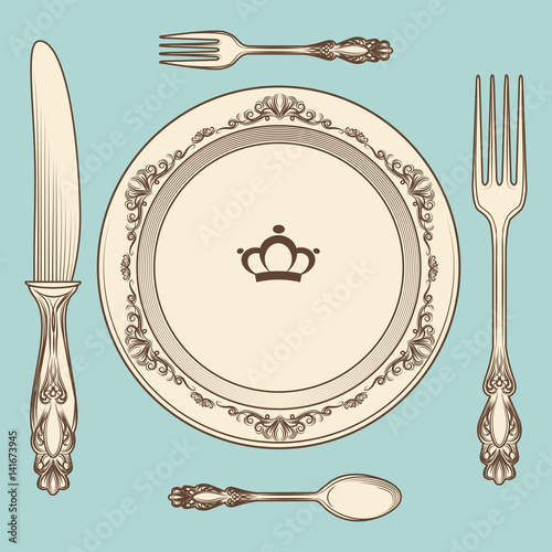 Hand drawn vintage cutlery and plate on blue background. Vector illustration