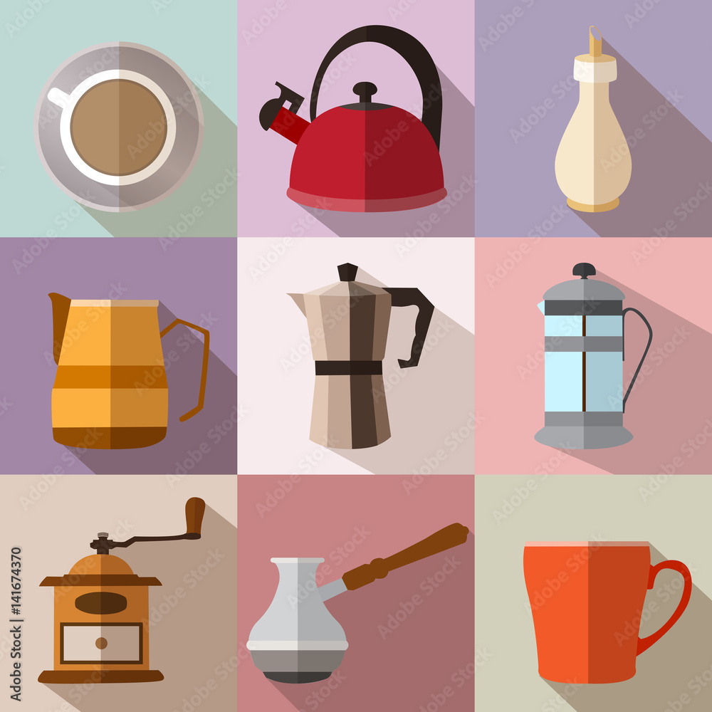 Set of colorful square flat coffee icons with long shadows Set of colorful square flat coffee icons with long shadows
