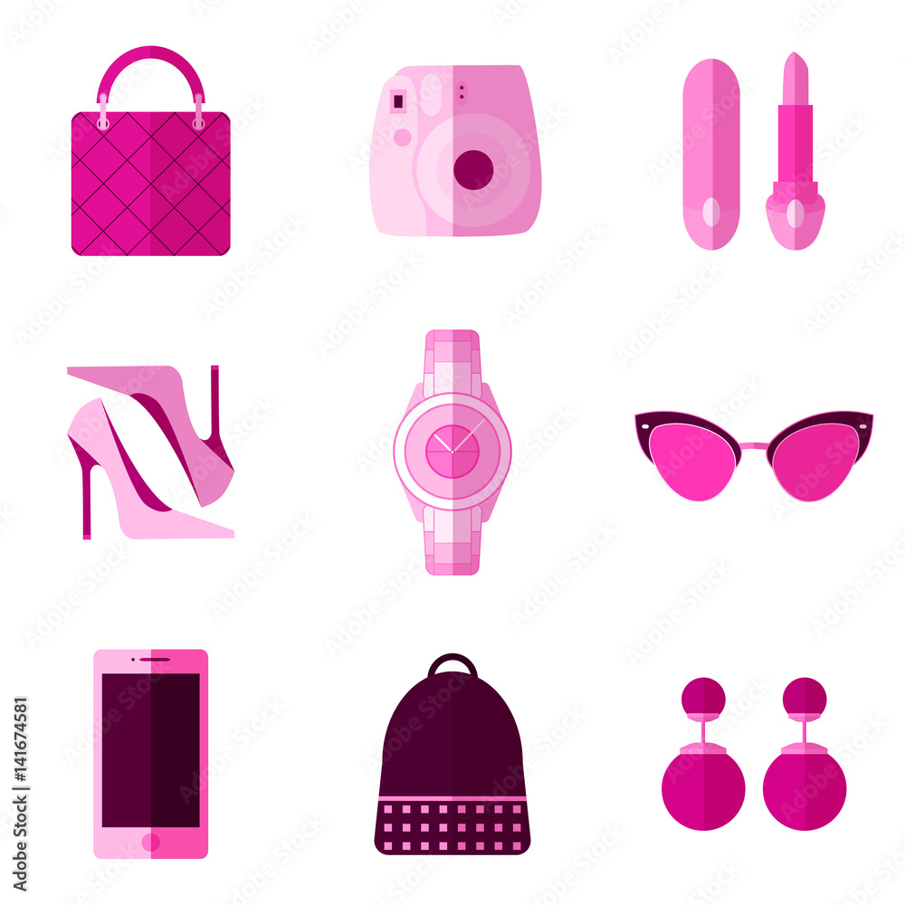 Set of simple pink fashion flat objects on white background Set of simple pink fashion flat objects on white background