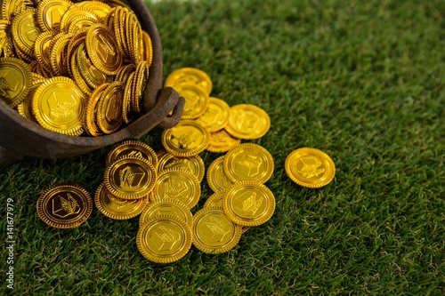 St. Patricks Day pot filled with chocolate gold coins photo