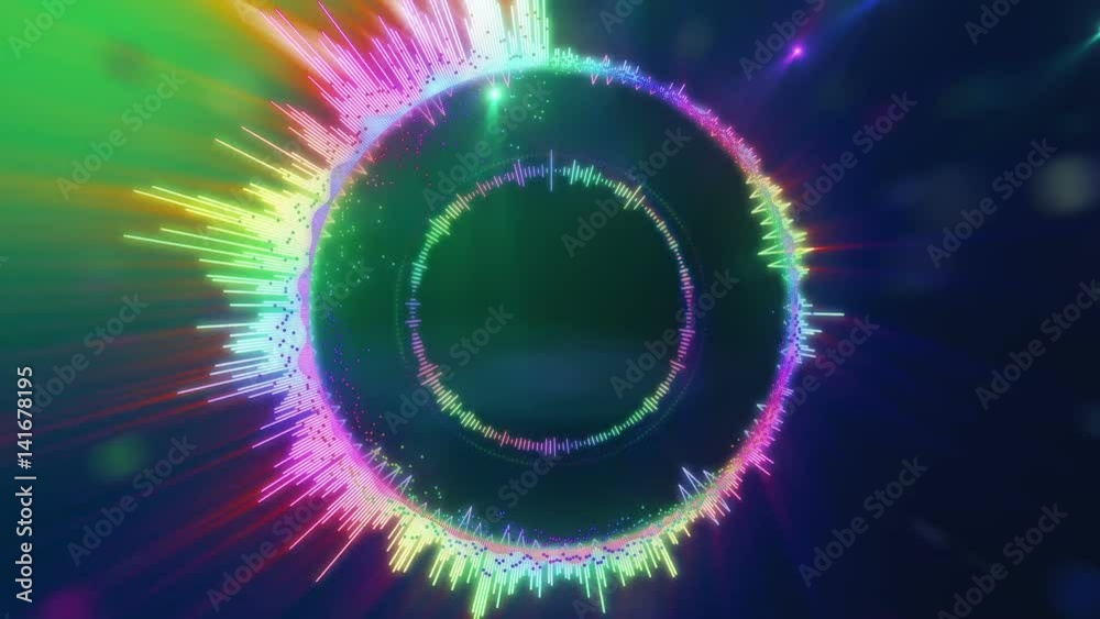 Colorful abstract equalizer in the form of a circle and plays music very quickly changing,