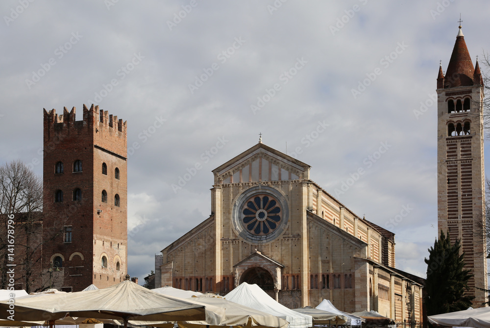 Basilica of San Zeno in Verona in Italy and the market stalls
