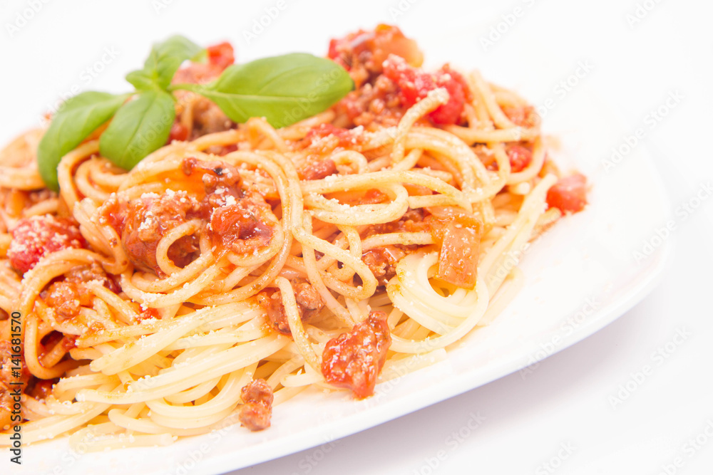 Spaghetti bolognese on a white background