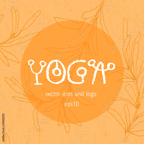 Yoga icon, linear logo design, line yoga badge. Graphic design element in contour for creation of banner for spa center of yoga school studio. Decorative vector element with yoga lettering