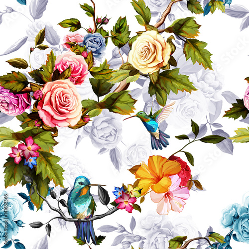 Humming bird  roses  peony with leaves on white. Watercolor. Seamless background pattern. Vector - stock.