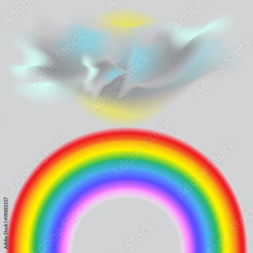 It's a nasty day . A bright rainbow. Partly cloudy skies. Vector illustration.