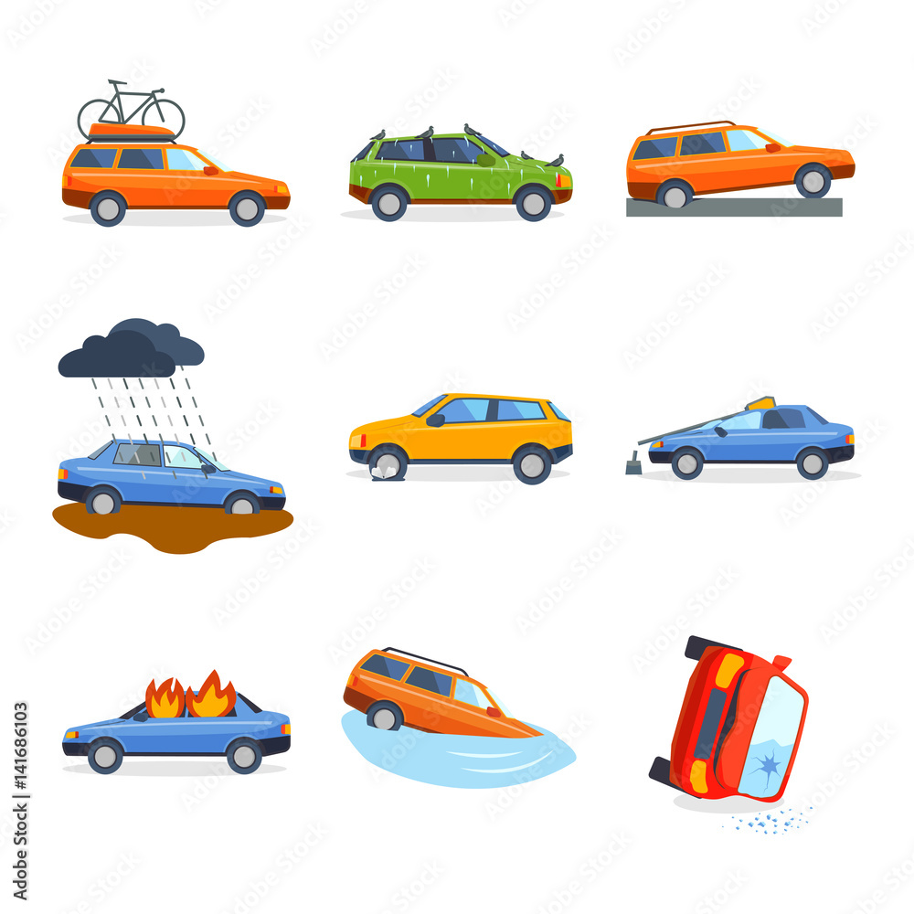 Fototapeta Car crash collision traffic insurance safety automobile emergency disaster and emergency disaster speed repair transport vector illustration.