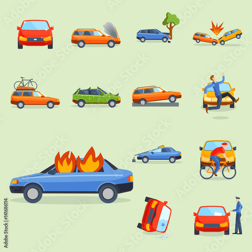 Car crash collision traffic insurance safety automobile emergency disaster and emergency disaster speed repair transport vector illustration.