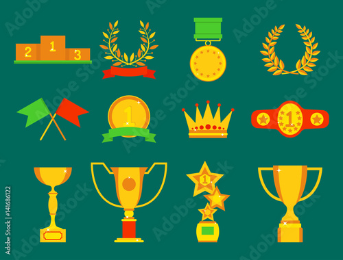 Vector trophy champion cup flat icon winner gold award and victory prize sport success best win golden leadership competition illustration.