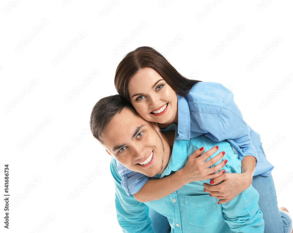 Happy couple having fun on white background Happy couple having fun on white background