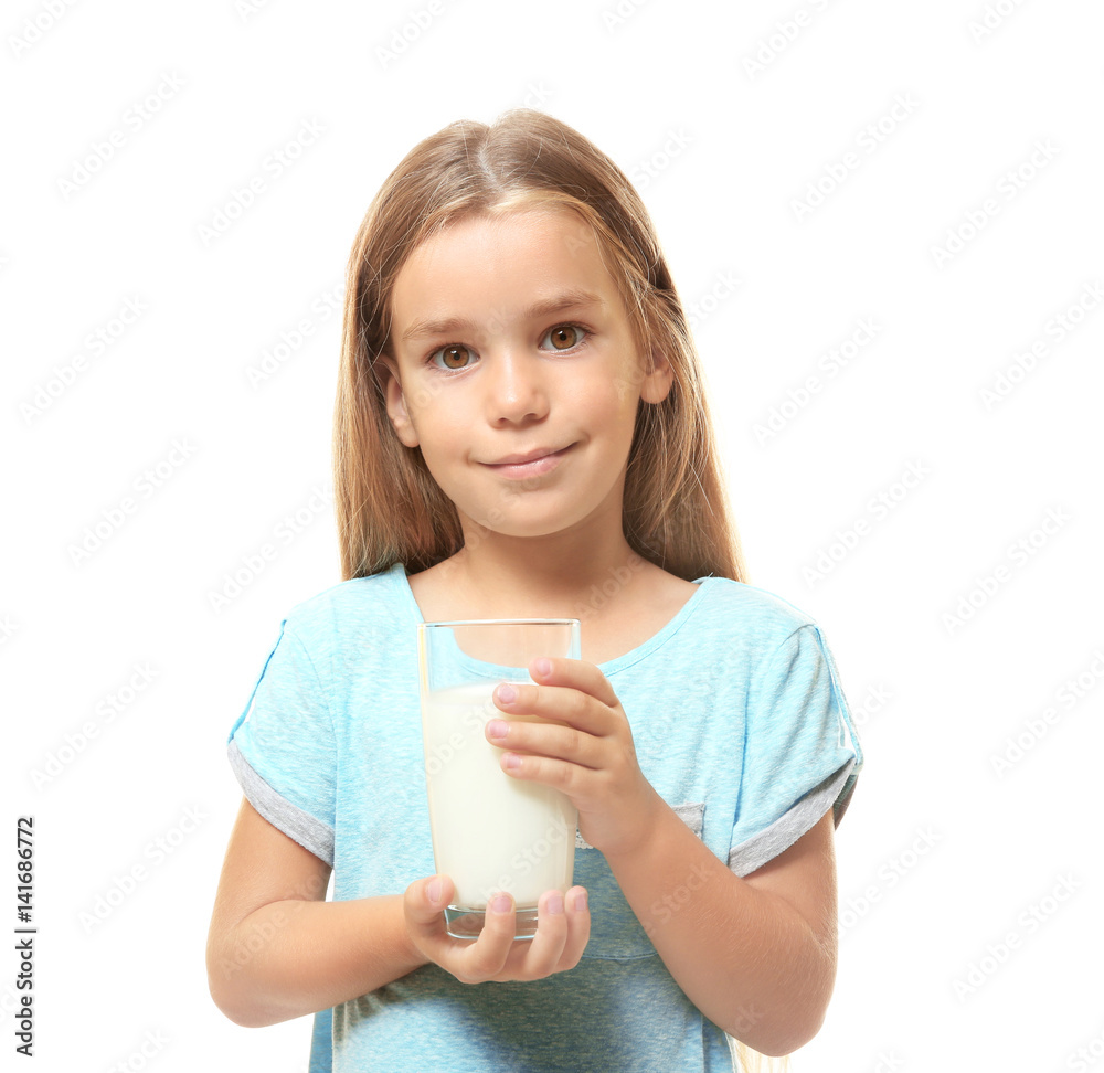 Cute little girl holding glass of milk isolated on white Cute little girl holding glass of milk isolated on white