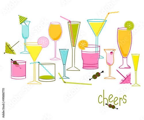 Summer drinks. Cocktail glasses vector illustration isolated on white. Colorful line art, clip art. Cocktail glasses for cards, backgrounds, invitations and more. Flat illustration style.