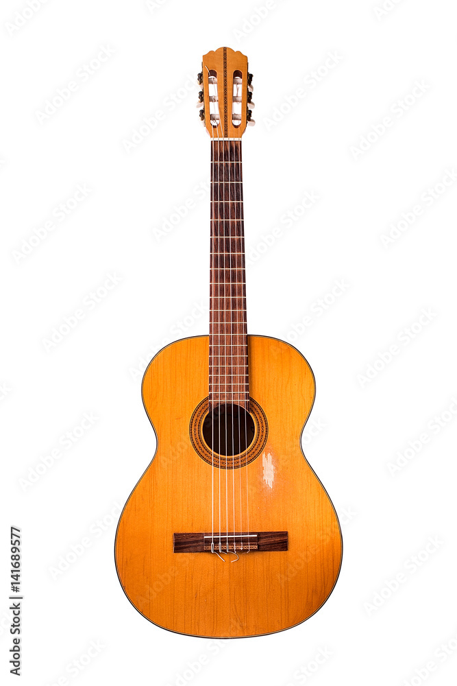 Naklejka premium The old classical guitar on white background.