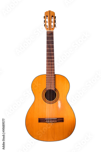  The old classical guitar on white background.