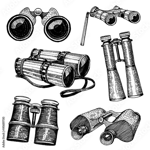Binocular monocular vintage, engraved hand drawn in sketch or wood cut style, old looking retro scinetific instrument for exploring and discovering.