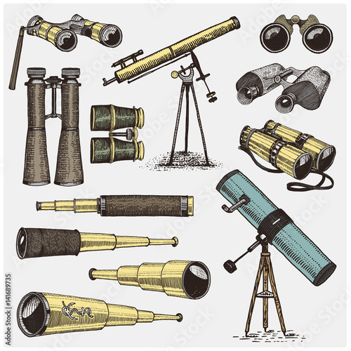 set of astronomical instruments, telescopes oculars and binoculars, quadrant, sextant engraved in vintage hand drawn or wood cut style , old sketch glasses