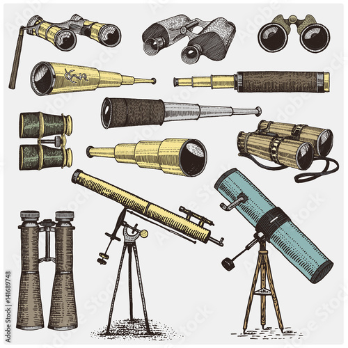 set of astronomical instruments, telescopes oculars and binoculars, quadrant, sextant engraved in vintage hand drawn or wood cut style , old sketch glasses