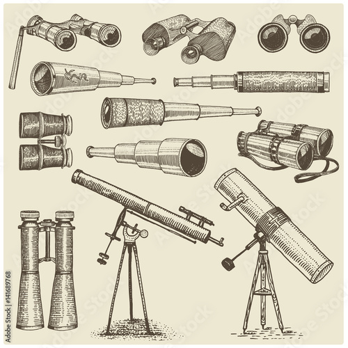 set of astronomical instruments, telescopes oculars and binoculars, quadrant, sextant engraved in vintage hand drawn or wood cut style , old sketch glasses