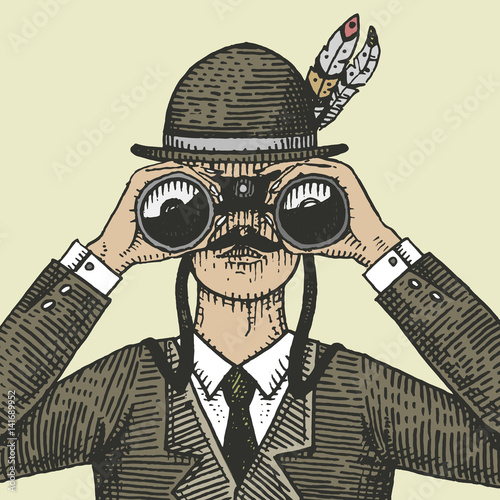 Man in costume looking through the binoculars, spyglass vintage old engraved or hand drawn illustration. Hunter, ornitologist, scientist in wood cut or sketch style.