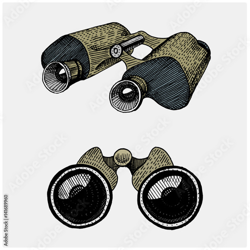 Binocular monocular vintage, engraved hand drawn in sketch or wood cut style, old looking retro scinetific instrument for exploring and discovering.
