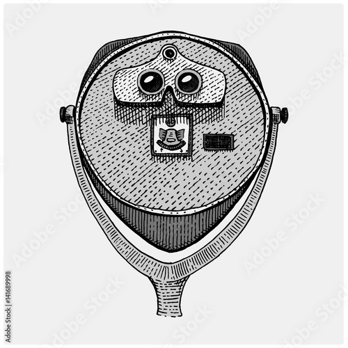 Binocular tower coin operated viewer, spyglass vintage, engraved hand drawn in sketch or wood cut style, old looking retro scinetific instrument for exploring and discovering