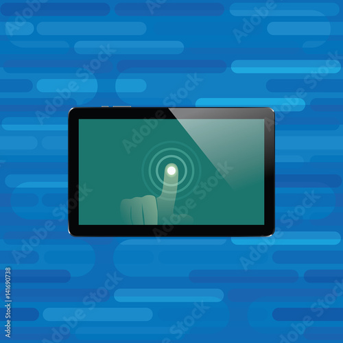 Digital tablet with shiny sensor screen with touch hand. Electronic smart device