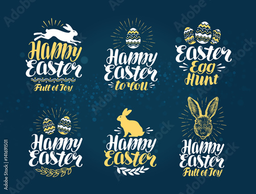 Easter, label set. Handwritten beautiful lettering to design greeting card. Vector illustration