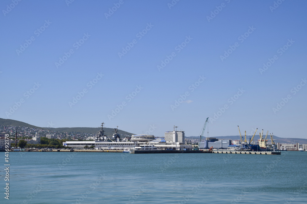 Cargo port with port cranes. Sea bay and mountainous coast.