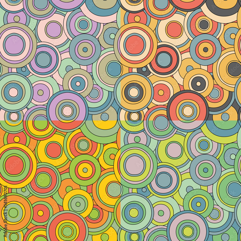 set of 4 bright psychedelic circles pattern