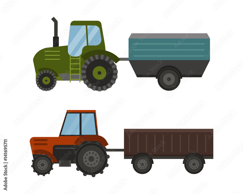 Agriculture industrial farm equipment machinery tractor combine and excavator rural machinery corn car harvesting wheel vector illustration.