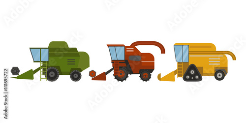 Agriculture industrial farm equipment machinery tractor combine and excavator rural machinery corn car harvesting wheel vector illustration.