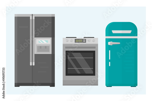 Home appliances kitchen equipment domestic electric tool technology household laundry and cleaning group machine interior electric vector illustration.