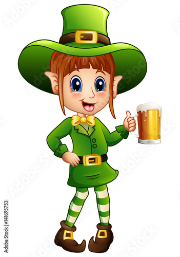 Cartoon girl leprechaun holding a glass of beer 