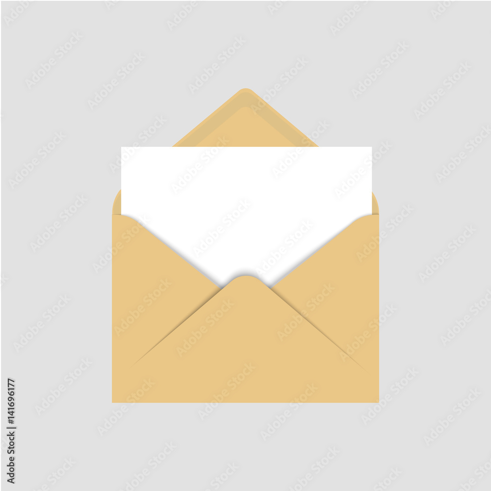 Realistic blank template of brown paper envelope with empty white sheet
