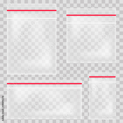 Empty transparent plastic pocket bags. Blank vacuum zipper bag. polythene container set on the transparent background. Vector illustration
