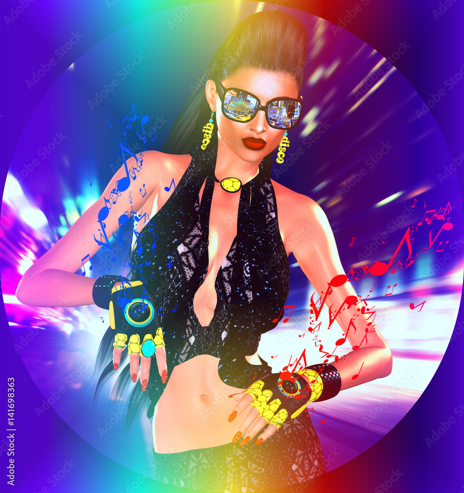 Sexy disco dance, party girl with brunette hair, music notes coming from  her gloves and a motion blur all come together to create this high energy,  entertainment and fun image. ilustración de