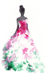 Fotobehang Aquarel portret Elegante vrouw in jurk aquarel illustratie  © Anna Ismagilova